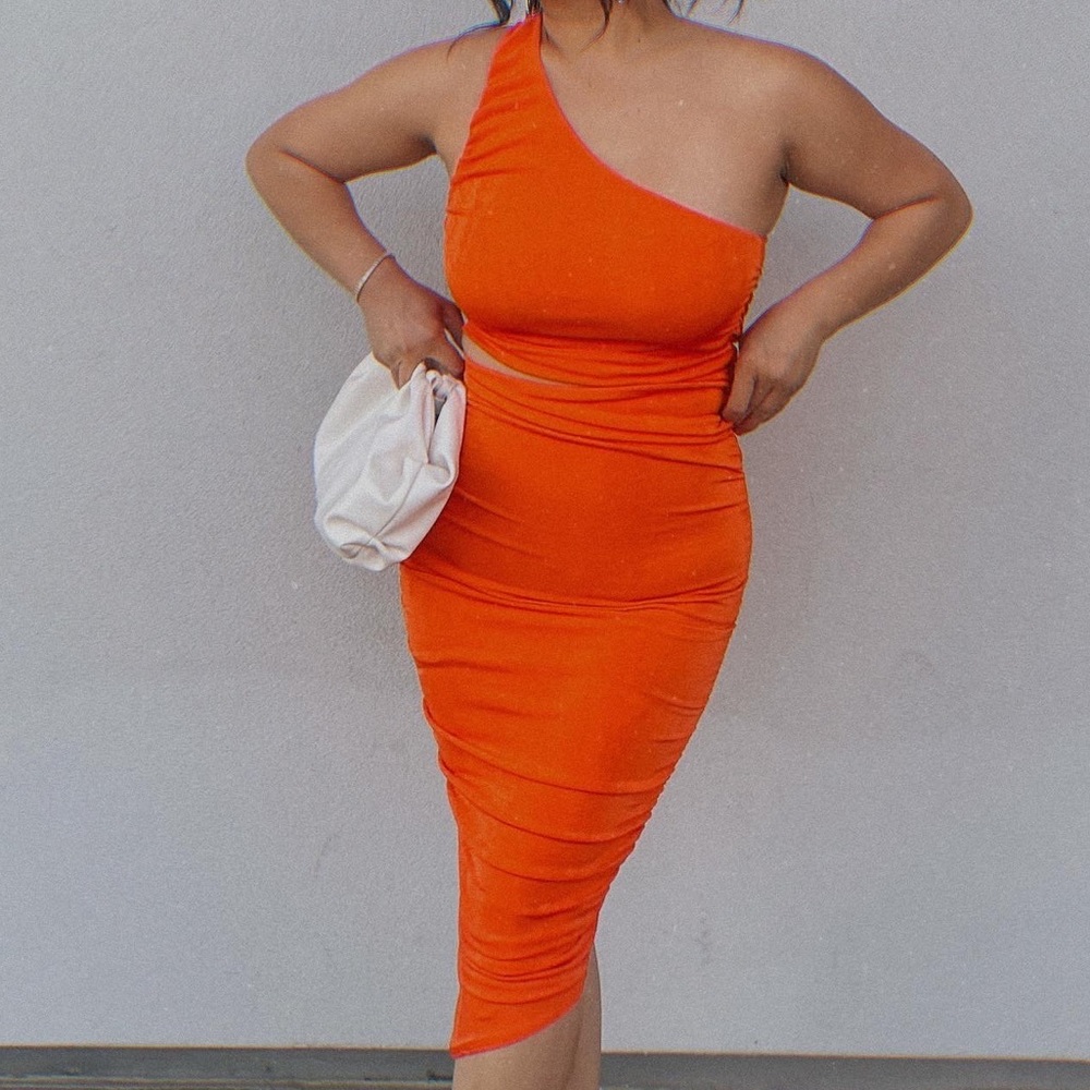 Orange One Shoulder Cutout Ruched Midi Dress
